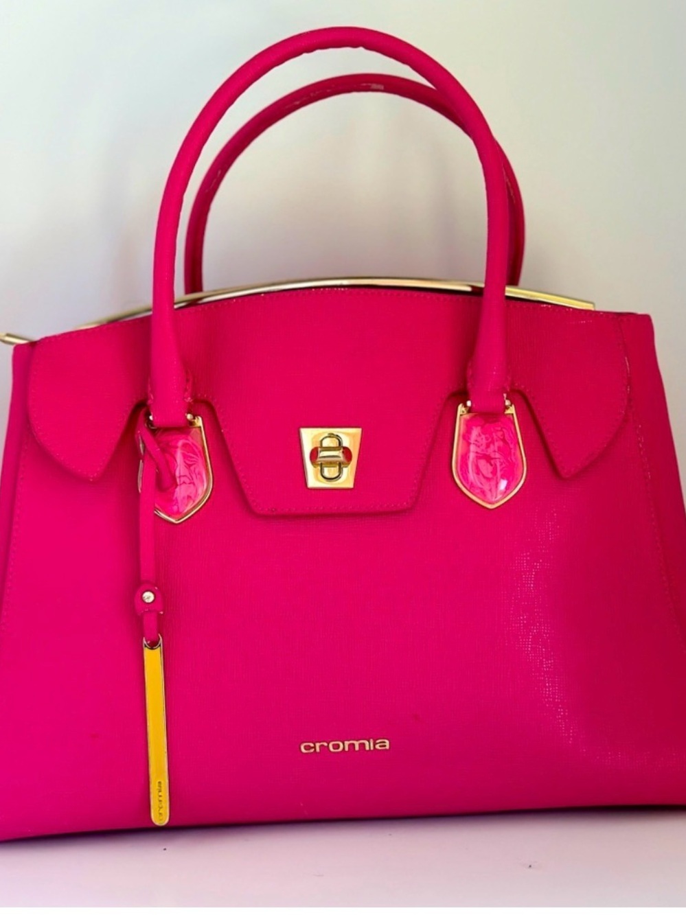 Cromia Pink Satchel Top Handle Bag Zip Closure, Gold Hardware, Bottom Studs